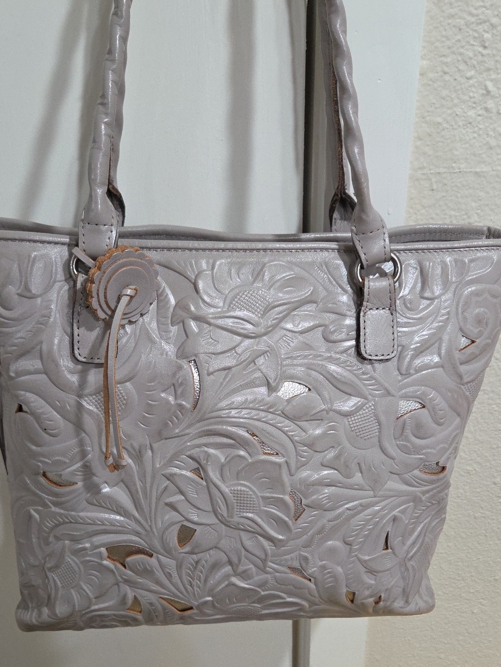 Patricia Nash Women's Embossed Floral Tote Bag Light Gray With Metallic Cutouts